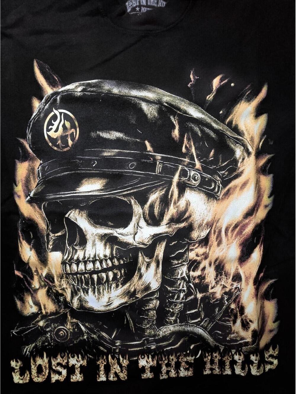 Lost In The Hills Shirt Mens Medium Black Skull Flames Biker